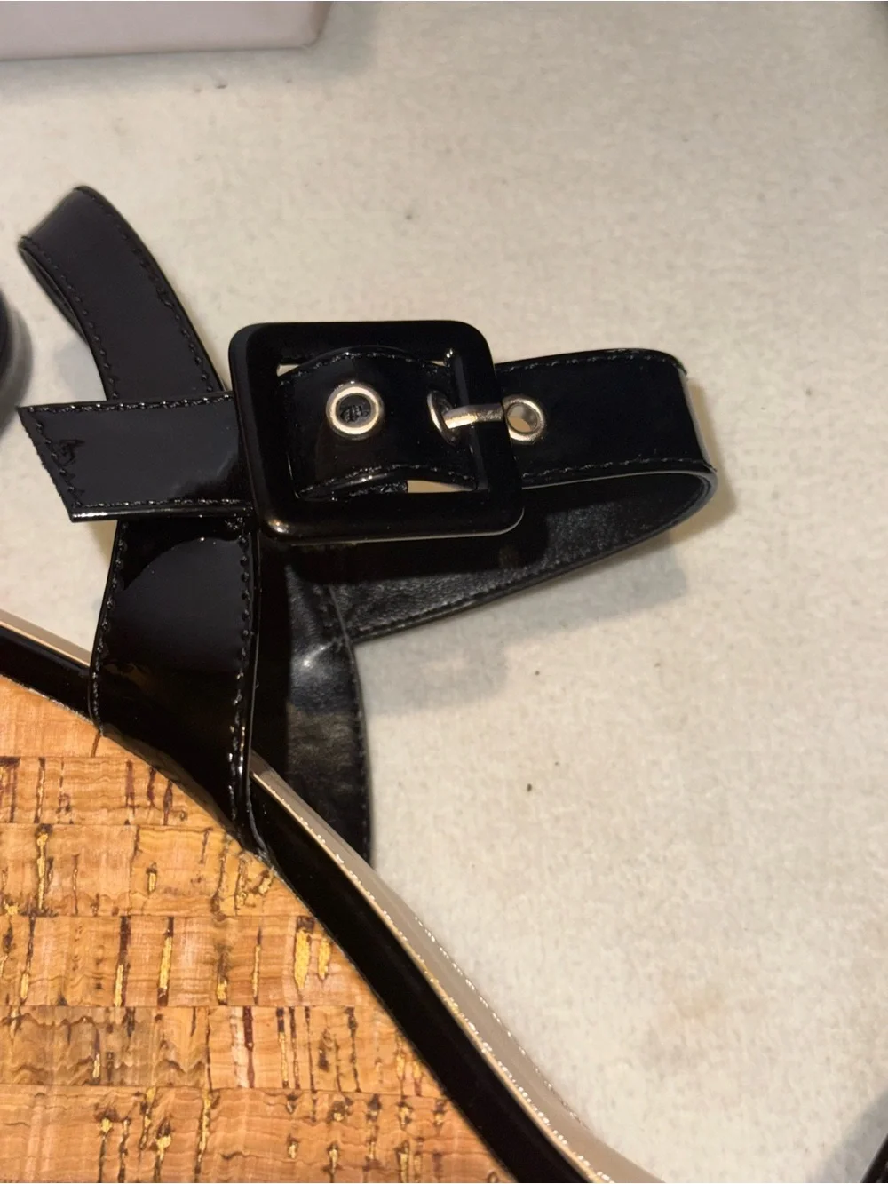 Marc Fisher Black Patent Cork Platform Wedge Sandals